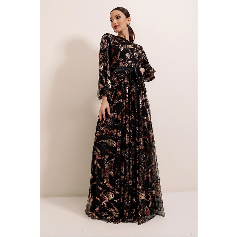 By Saygı Belted Waist, Lined, Gilded Long Dress Wide Size Range, Black-gold