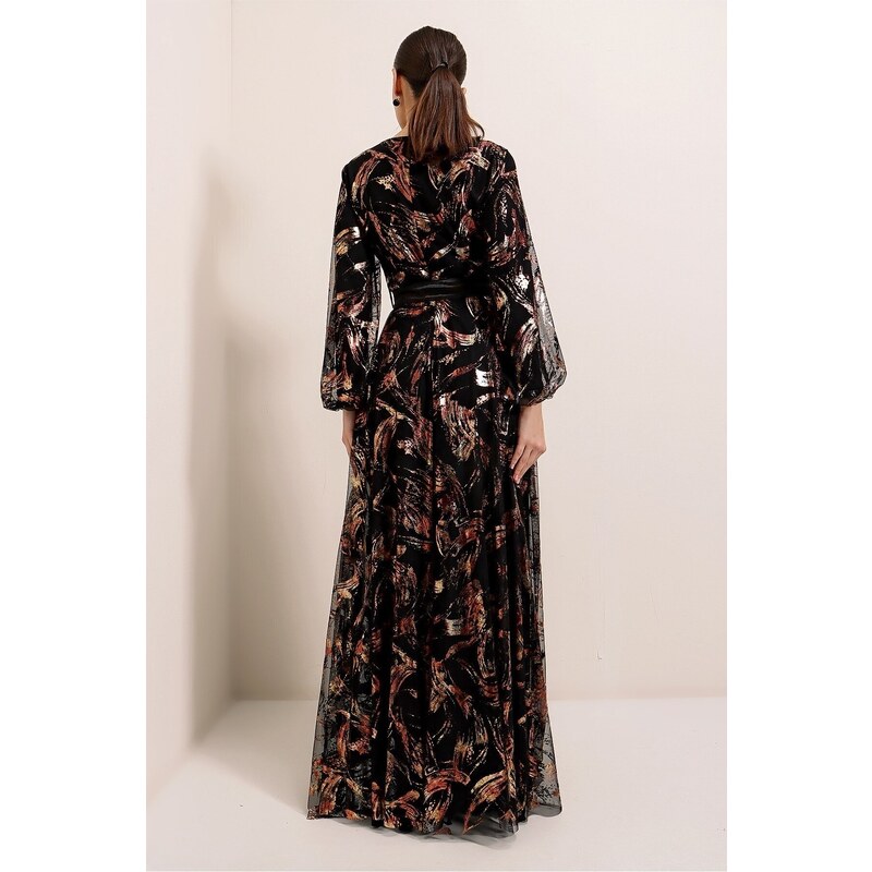 By Saygı Belted Waist, Lined, Gilded Long Dress Wide Size Range, Black-gold