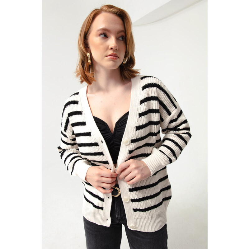 Lafaba Women's White Striped Button Detailed Knitwear Cardigan