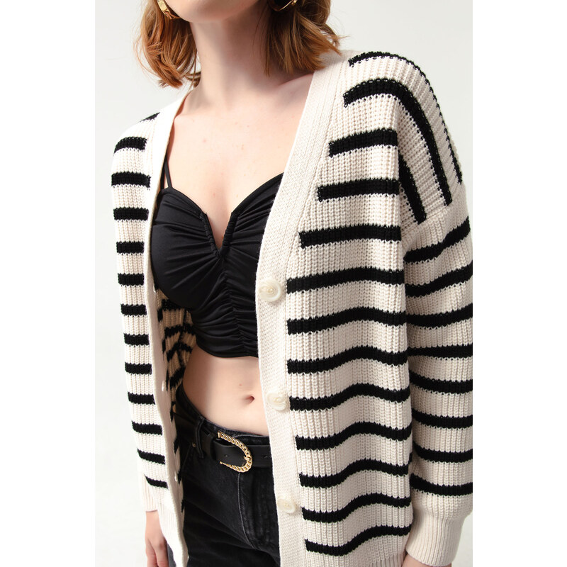 Lafaba Women's White Striped Button Detailed Knitwear Cardigan