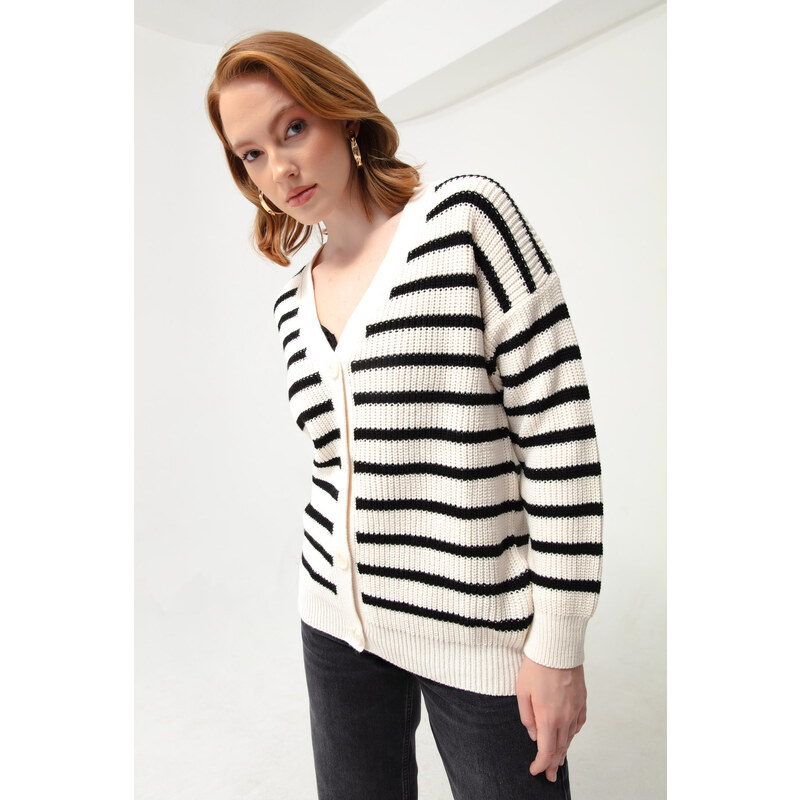 Lafaba Women's White Striped Button Detailed Knitwear Cardigan