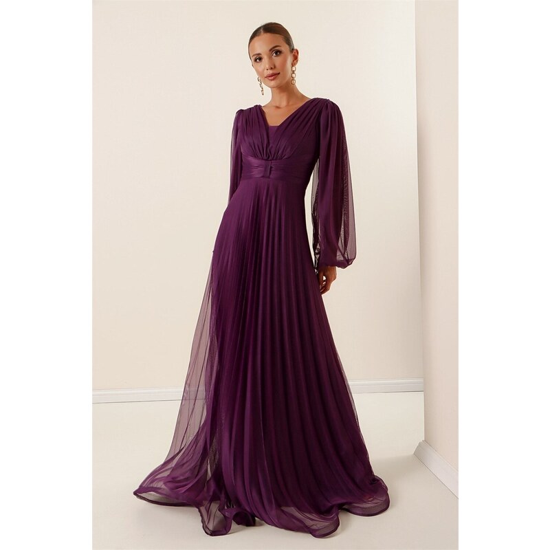 By Saygı Front Back V-Neck Balloon Sleeves Pleated Long Tulle Dress Plum