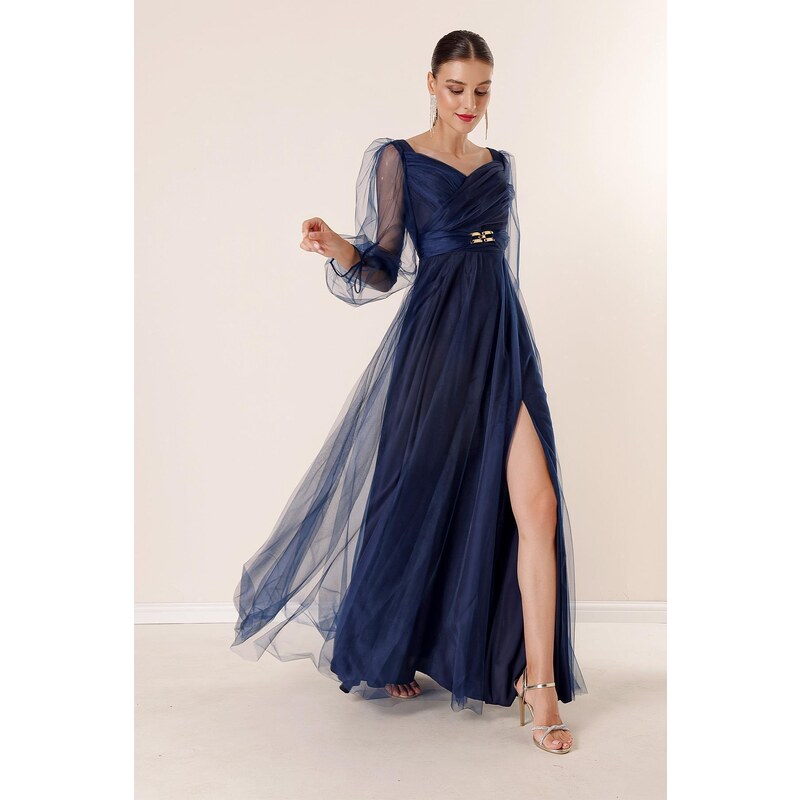 By Saygı Front Back V Neck Waist Stony Draped Lined Long Tulle Dress