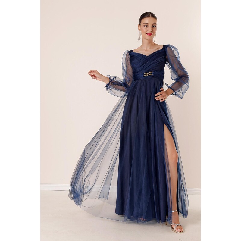 By Saygı Front Back V Neck Waist Stony Draped Lined Long Tulle Dress