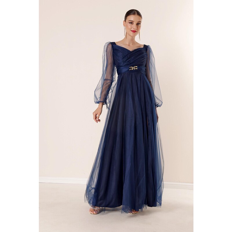 By Saygı Front Back V Neck Waist Stony Draped Lined Long Tulle Dress