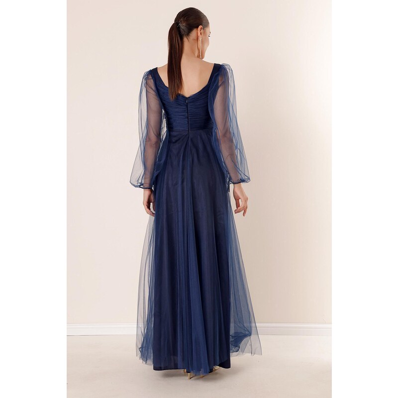 By Saygı Front Back V Neck Waist Stony Draped Lined Long Tulle Dress