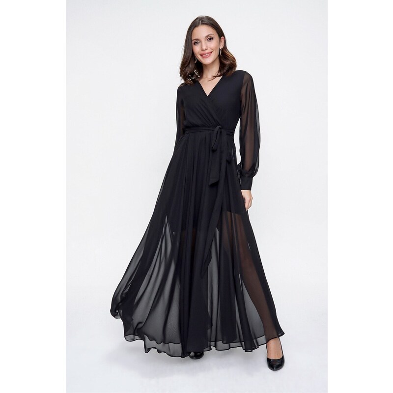 By Saygı Double Breasted Neck Long Sleeve Lined Chiffon Long Dress Black