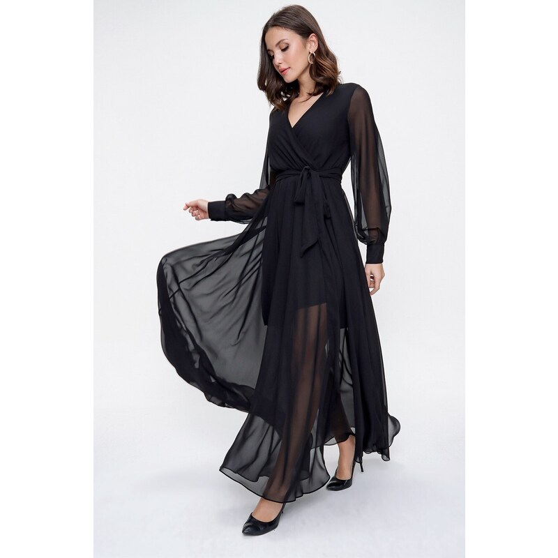 By Saygı Double Breasted Neck Long Sleeve Lined Chiffon Long Dress Black