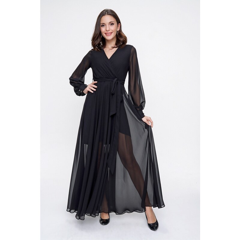 By Saygı Double Breasted Neck Long Sleeve Lined Chiffon Long Dress Black