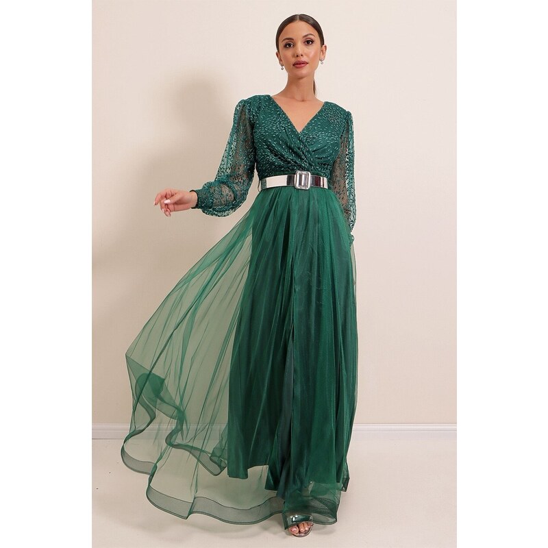 By Saygı Dvouřadý krk s dlouhým rukávem lemovaný pásek Top Simulované dlouhé šaty Smaragd