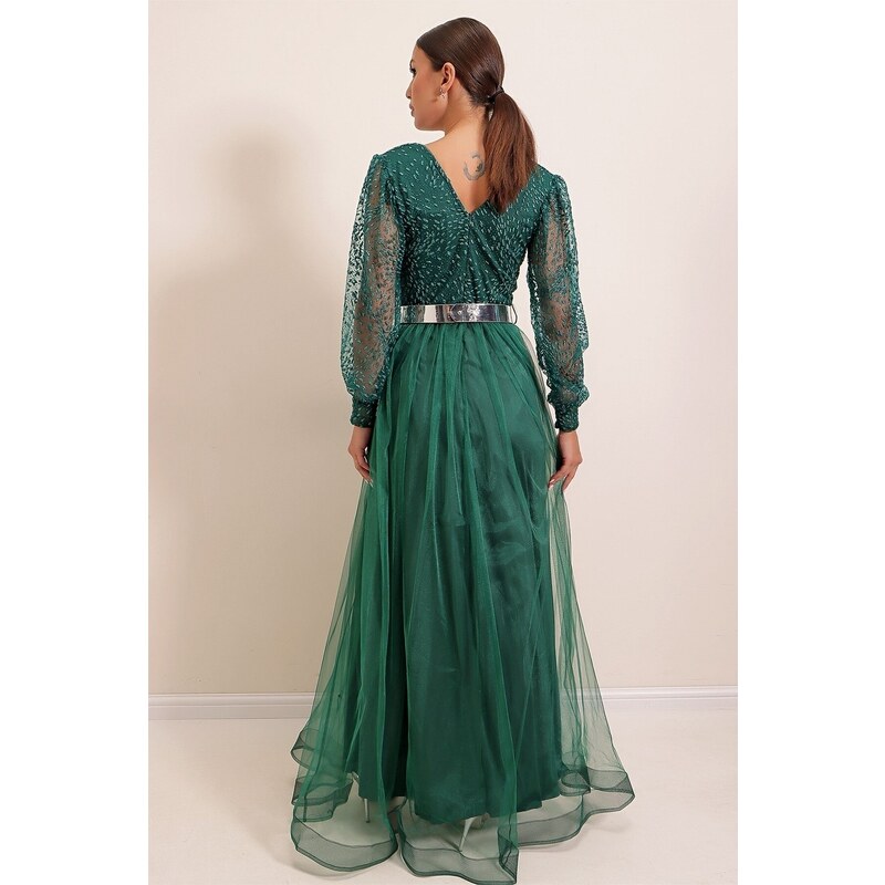 By Saygı Dvouřadý krk s dlouhým rukávem lemovaný pásek Top Simulované dlouhé šaty Smaragd