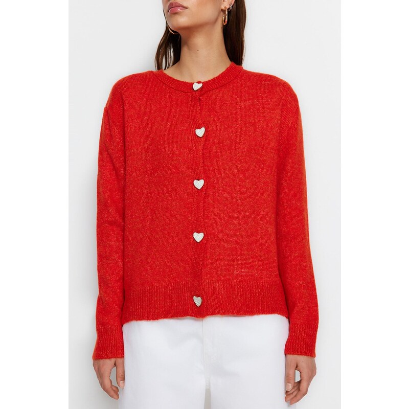 Trendyol Orange Soft Textured Jewel Button Pletený svetr