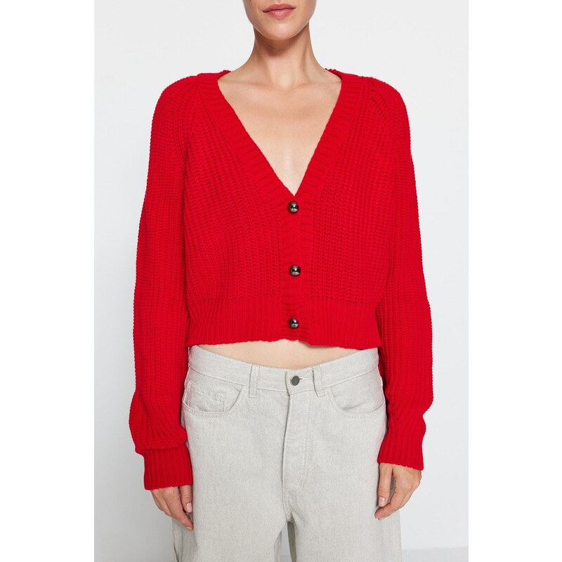 Trendyol Red Crop Pletený svetr s výstřihem do V