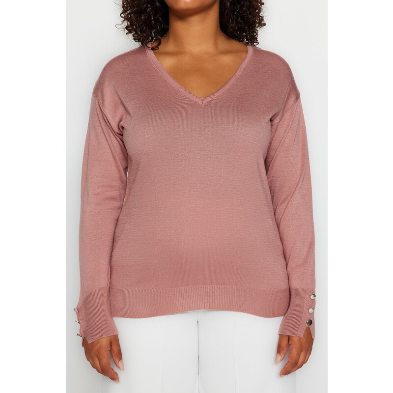 Trendyol Curve Dusty Rose V-Neck Button Detailní pletený svetr