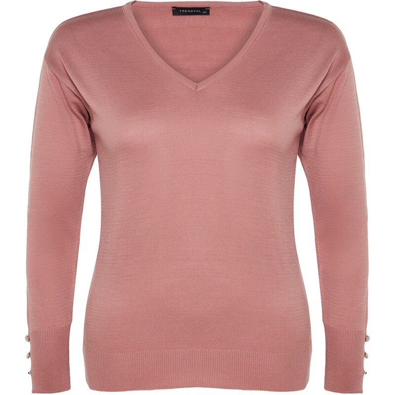 Trendyol Curve Dusty Rose V-Neck Button Detailní pletený svetr