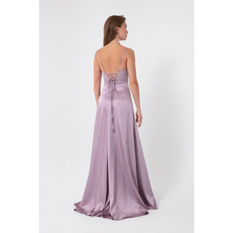 Lafaba Women's Lilac Volleyball Satin Evening &; Prom Dress with a slit