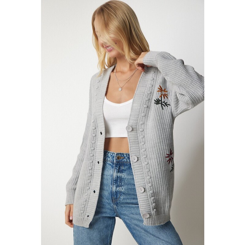 Happiness İstanbul Women's Gray Floral Embroidered Textured Knitwear Cardigan