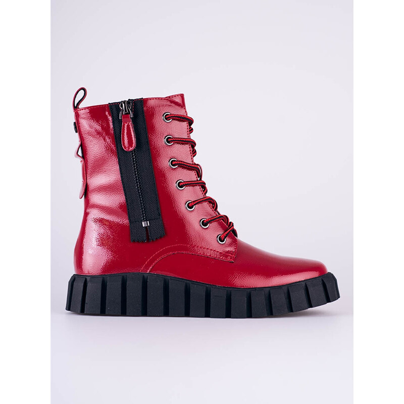 W. POTOCKI Originální kotníčkové boty dámské červené na plochém podpatku