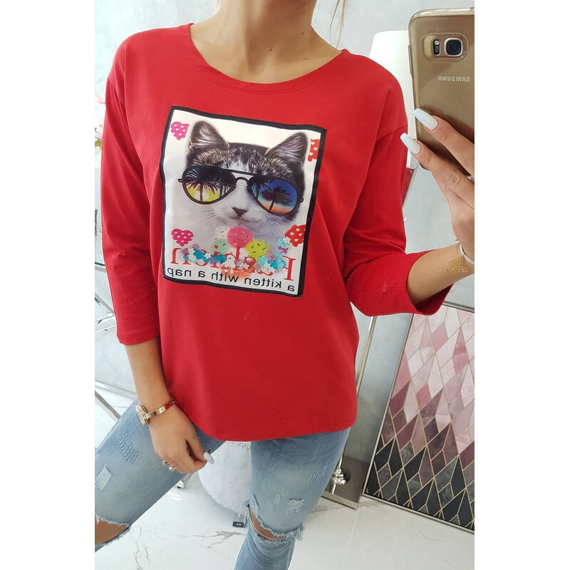 K-Fashion Halenka s 3D grafikou kočky červená 84211603