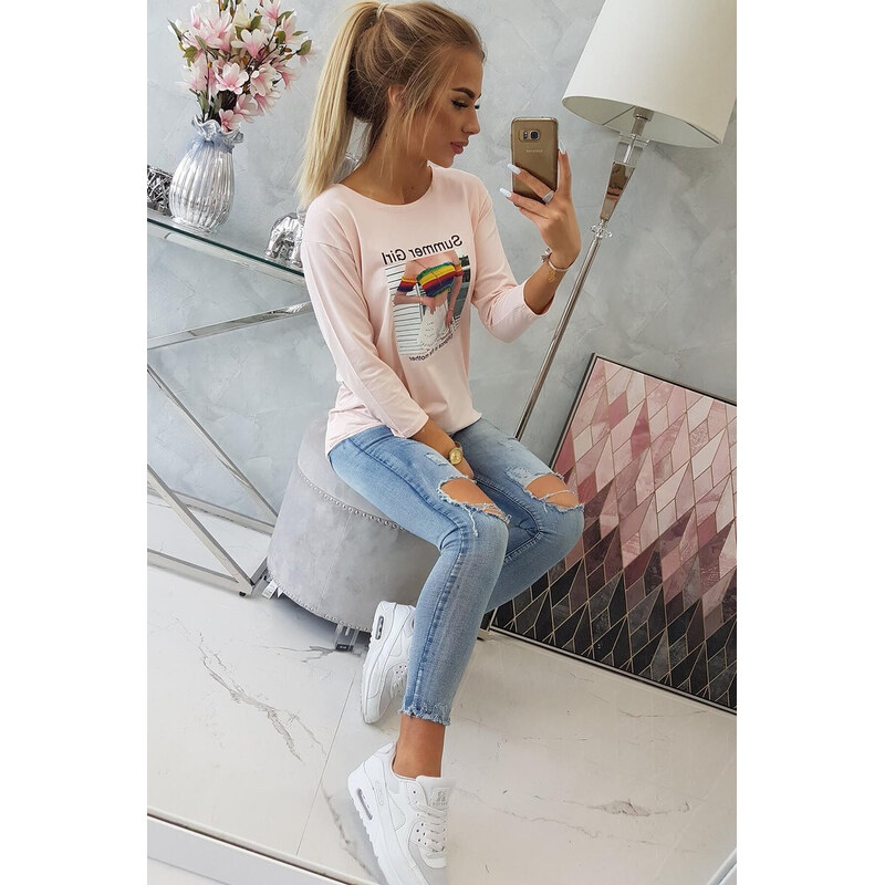 K-Fashion Letní dívčí halenka s potiskem pudrově růžová