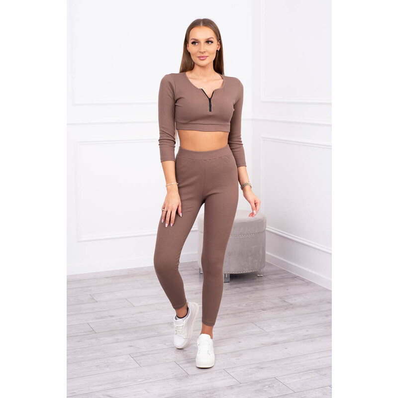 K-Fashion Žebrovaný komplet krátký top mocca 84255876