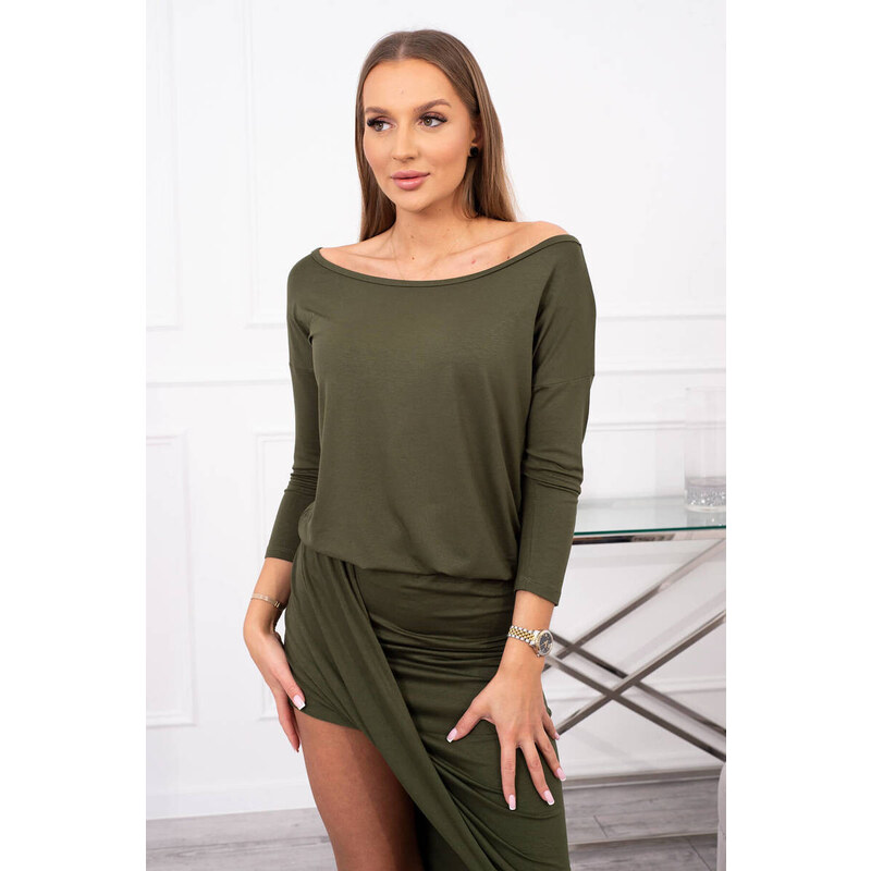 K-Fashion Asymetrické šaty s 3/4 rukávy v khaki barvě