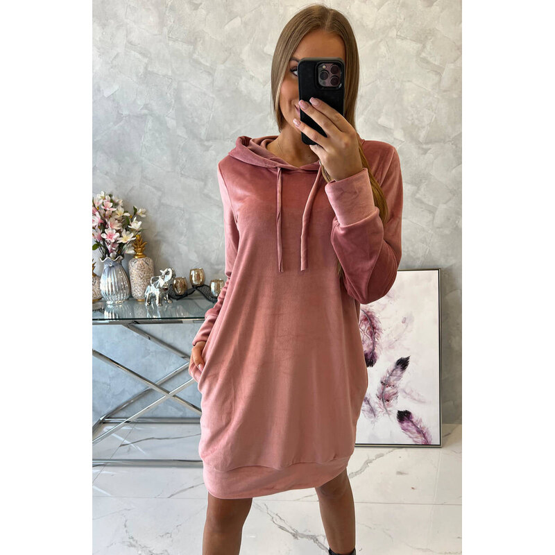 K-Fashion Velurové šaty s kapucí tmavě růžové