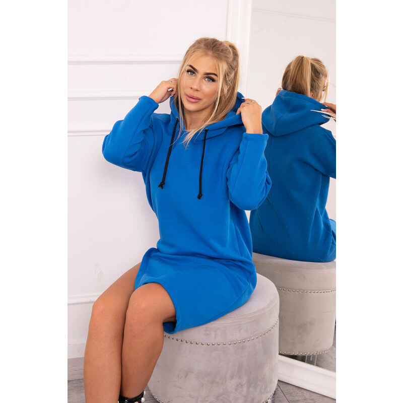 K-Fashion Šaty s kapucí a bočním rozparkem chrpově modré