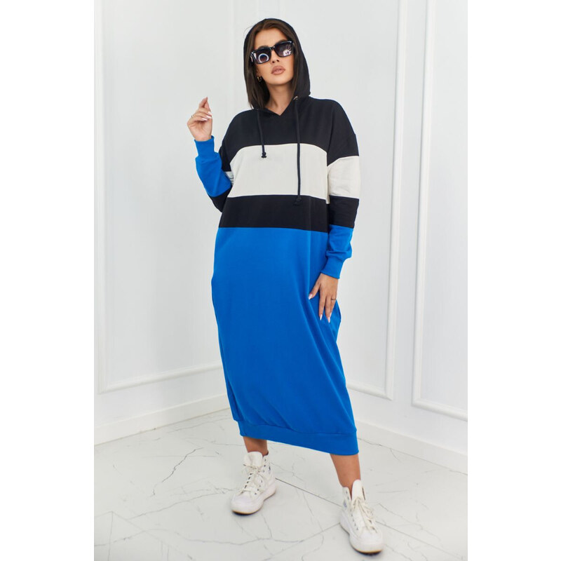K-Fashion Trikolorní šaty s kapucí Černá + ecru + chrpa