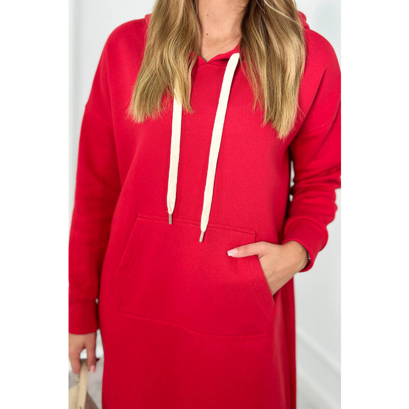 K-Fashion Dlouhé šaty s kapucí červený