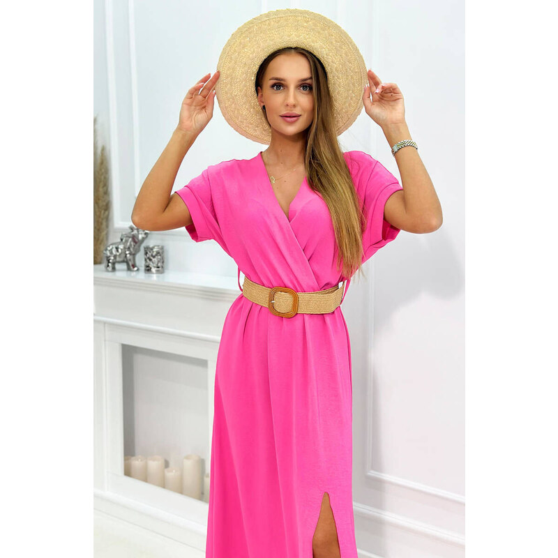 K-Fashion Dlouhé šaty s ozdobným páskem světle růžové