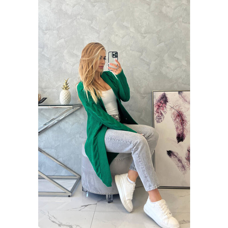 K-Fashion Svetr Cardigan kostkovaná zelená