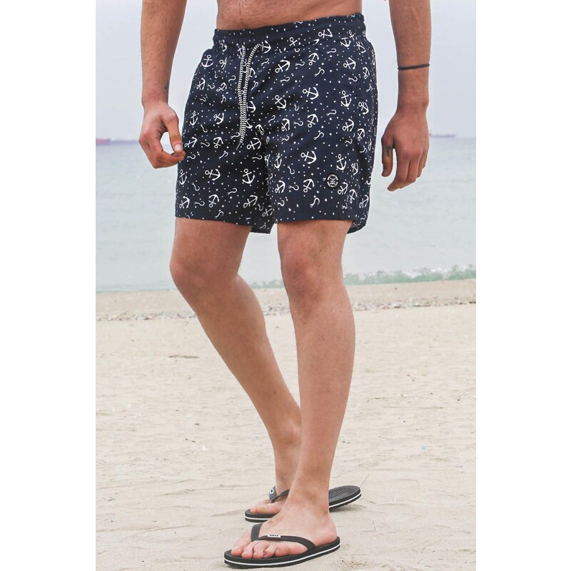 Madmext Anchor Patterned Black Men's Beach Shorts 6366