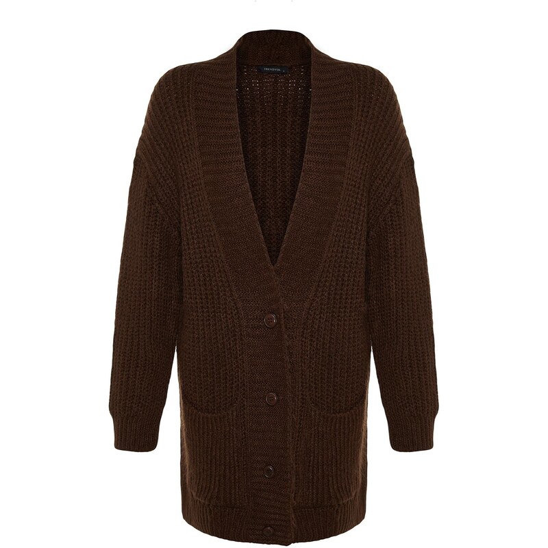 Trendyol hnědý široký střih z měkkého texturovaného pleteného svetru
