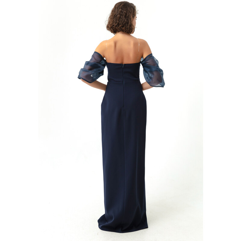 Lafaba Dámské tmavě modré princeznovské rukávy organza dlouhé večerní šaty