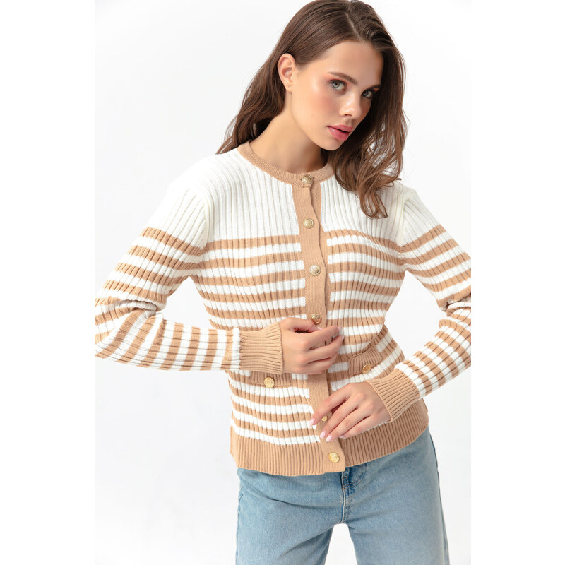 Lafaba Women's Tan Gold Buttons Striped Knitwear Cardigan