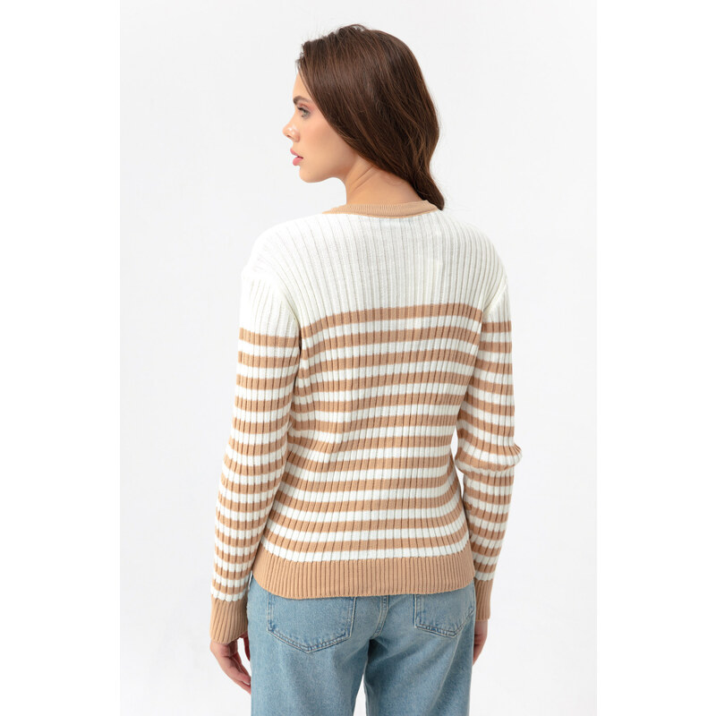 Lafaba Women's Tan Gold Buttons Striped Knitwear Cardigan