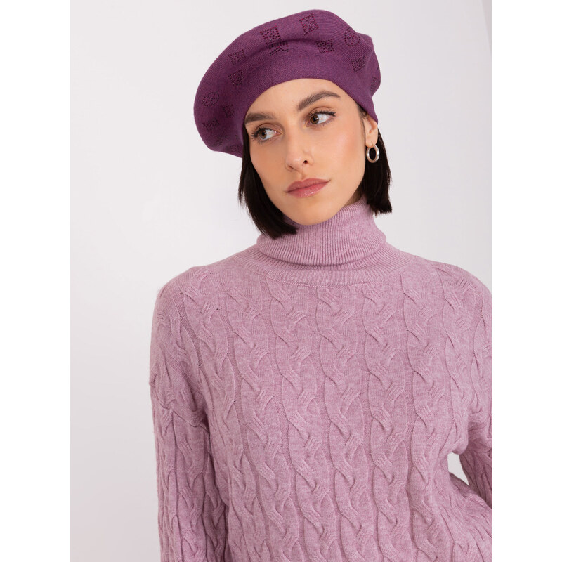 Fashionhunters Tmavě fialový dámský baret s kamínky