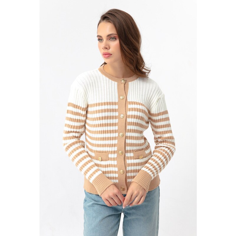 Lafaba Women's Tan Gold Buttons Striped Knitwear Cardigan