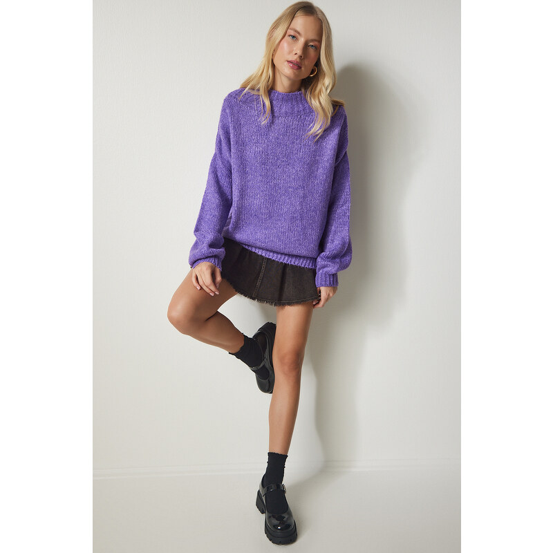 Happiness İstanbul Dámský fialový svetr s vysokým výstřihem Basic Knitwear