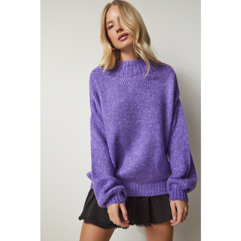 Happiness İstanbul Dámský fialový svetr s vysokým výstřihem Basic Knitwear