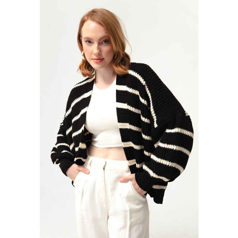 Lafaba Women's Black Oversize Striped Knitwear Cardigan