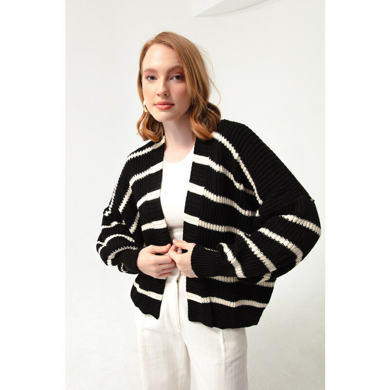 Lafaba Women's Black Oversize Striped Knitwear Cardigan