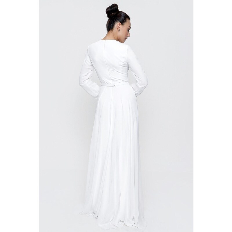 By Saygı Lined Long Chiffon Dress Ecru with Gathered Waist Belt