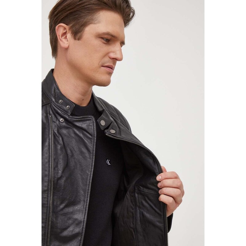 Kožená bunda Pepe Jeans Brewster pánská, černá barva, přechodná