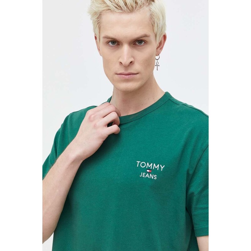 Bavlněné tričko Tommy Jeans zelená barva, s aplikací