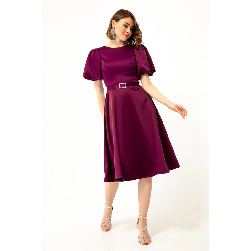 Lafaba Women's Plum Satin Evening Dress with Balloon Sleeves and Stones and a Belt.