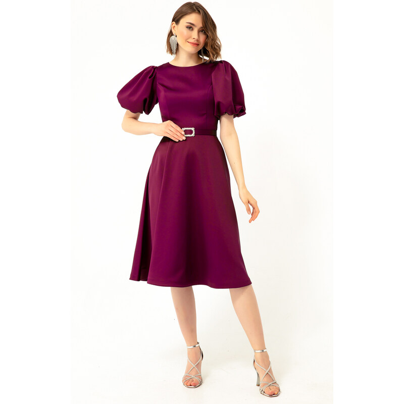Lafaba Women's Plum Satin Evening Dress with Balloon Sleeves and Stones and a Belt.
