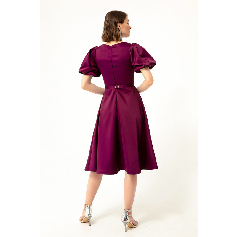 Lafaba Women's Plum Satin Evening Dress with Balloon Sleeves and Stones and a Belt.