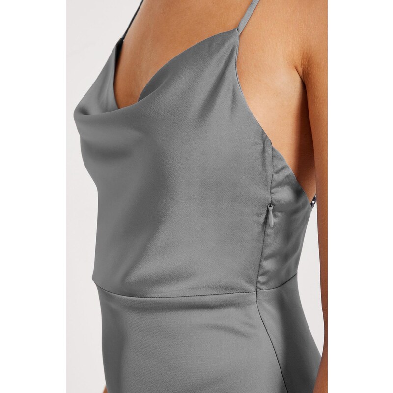 Madmext Gray Satin Scoop Neck Midi Dress